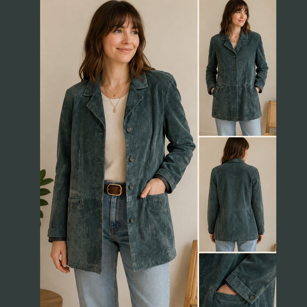 VTG Dennis Basso Teal Blue Genuine Suede Leather Blazer Jacket Large L Pockets